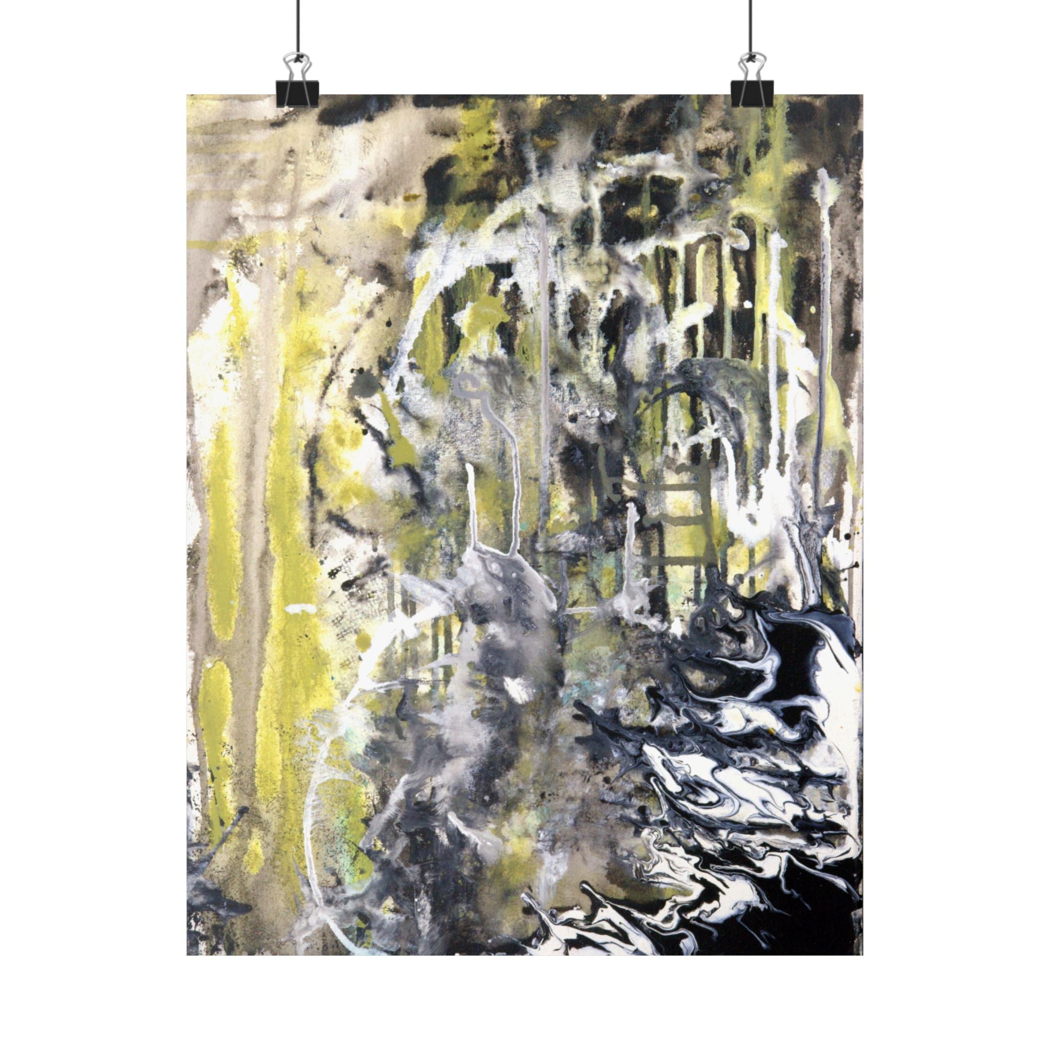 Green & Black Drip Painting Satin Poster Art Print - Abstract Wall Decor for Home & Office