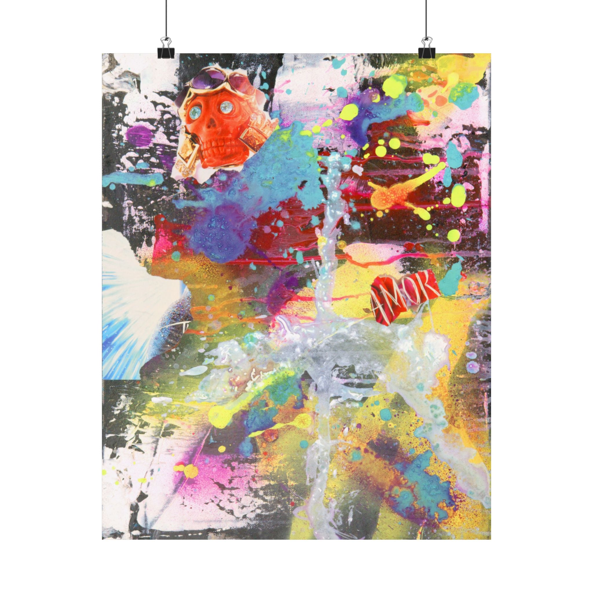 Vibrant Rainbow Satin Poster - Skull Collage Art for Modern Spaces