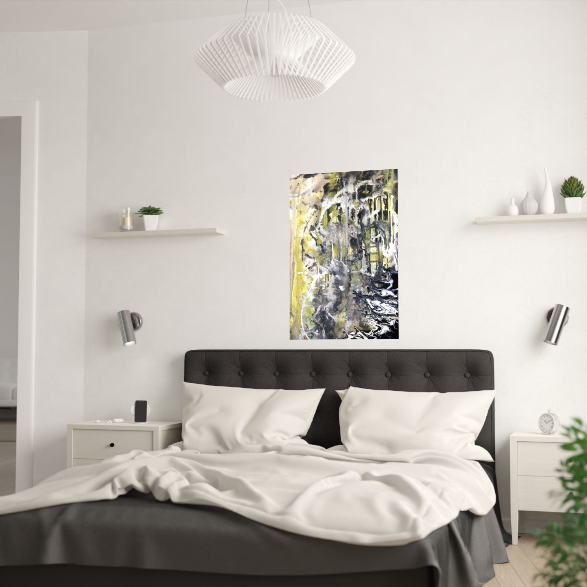 Green & Black Drip Painting Satin Poster Art Print - Abstract Wall Decor for Home & Office